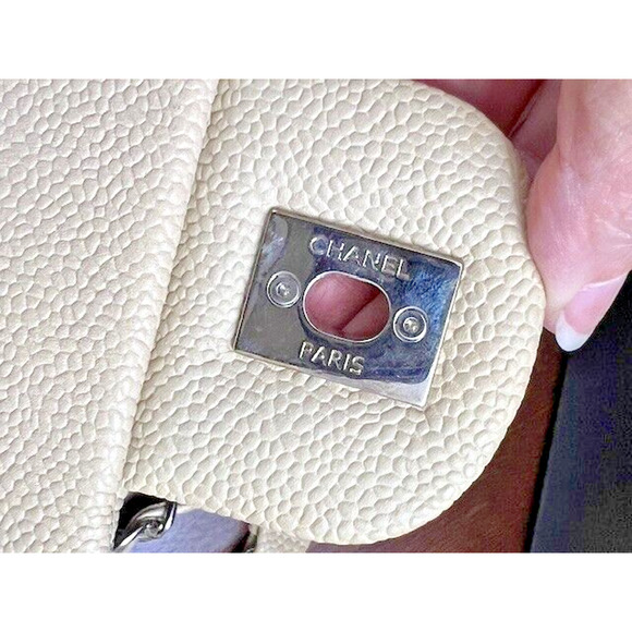 100% AUTHENTIC CHANEL CLASSIC EASY FLAP JUMBO CAVIAR BAG BEIGE QUILTED SILVER - Picture 15 of 16